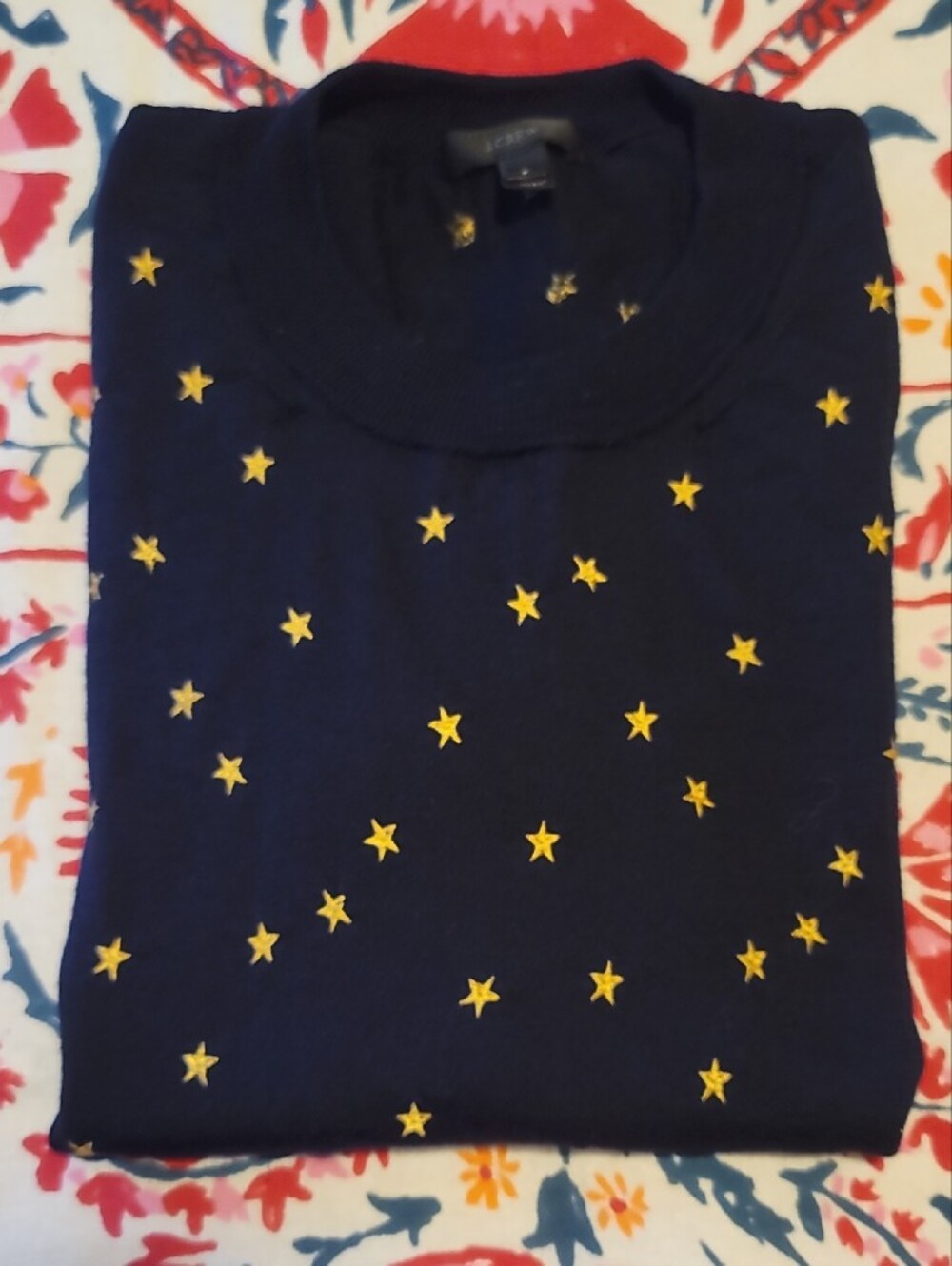 J. Crew Navy Knit Cozy Crewneck Sweater with Gold Star Embroidery